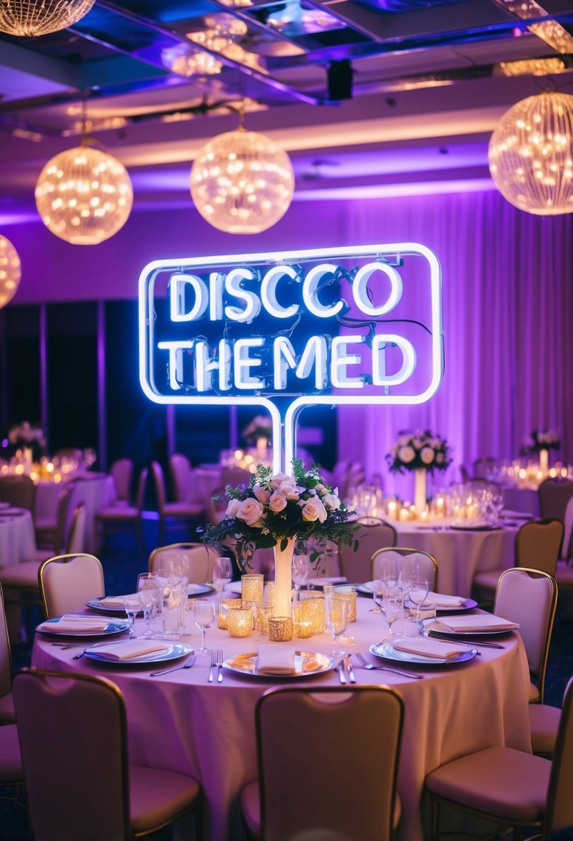 A glowing neon sign illuminates a table adorned with disco-themed decor for a wedding celebration