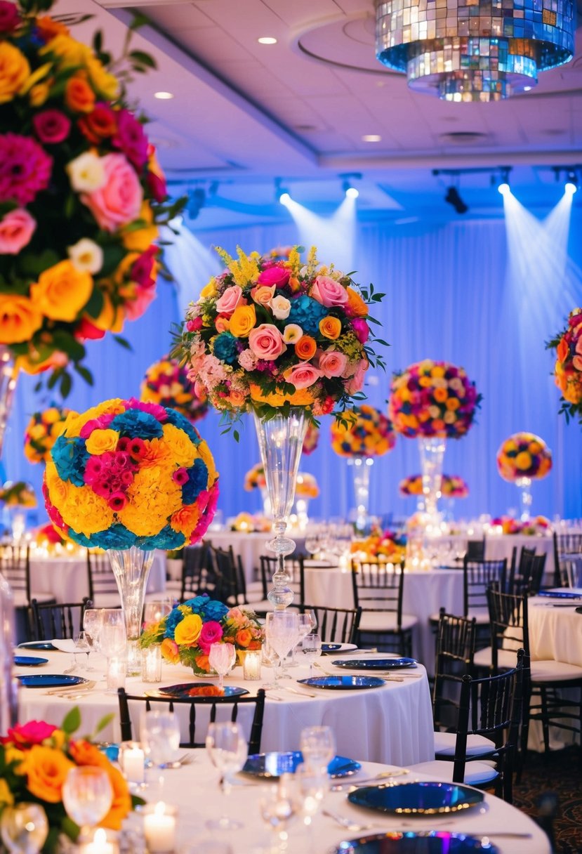 A colorful array of disco-themed floral arrangements adorning wedding tables, radiating a vibrant and lively atmosphere