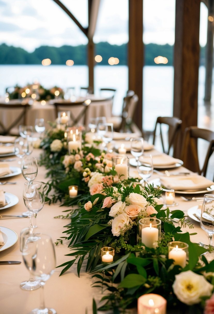 A table adorned with lush floral garlands in a romantic wedding setting