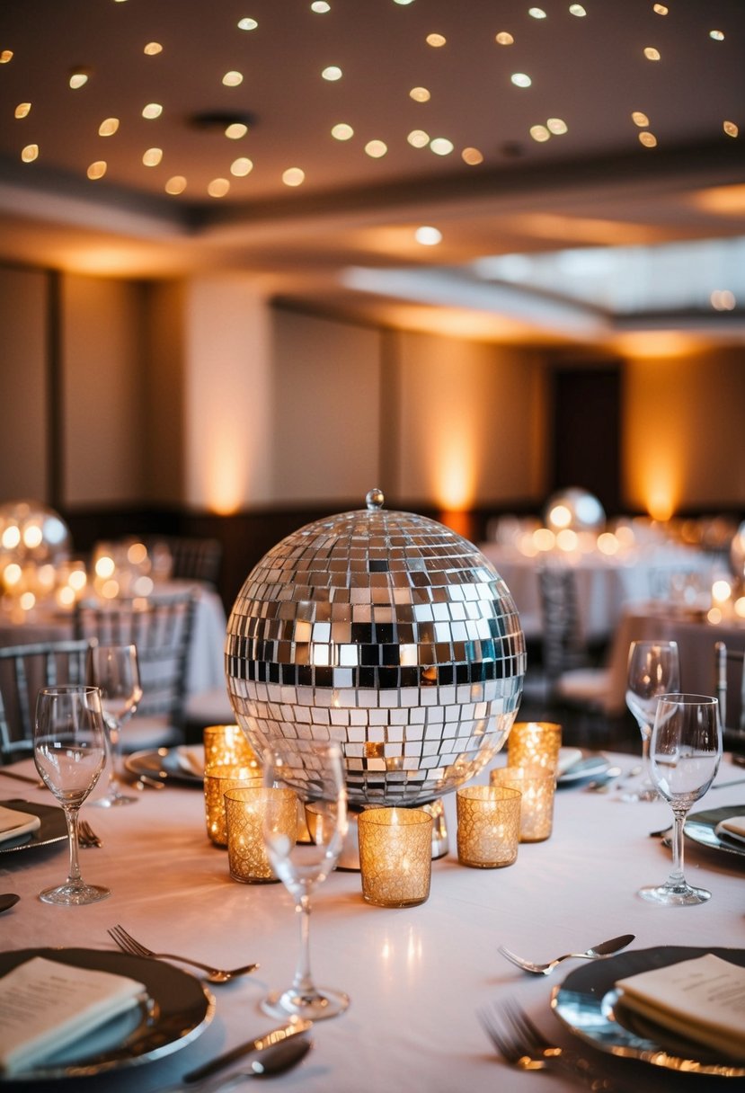 A glittering disco ball candle holder centerpiece illuminates a festive wedding table, casting sparkling reflections across the room