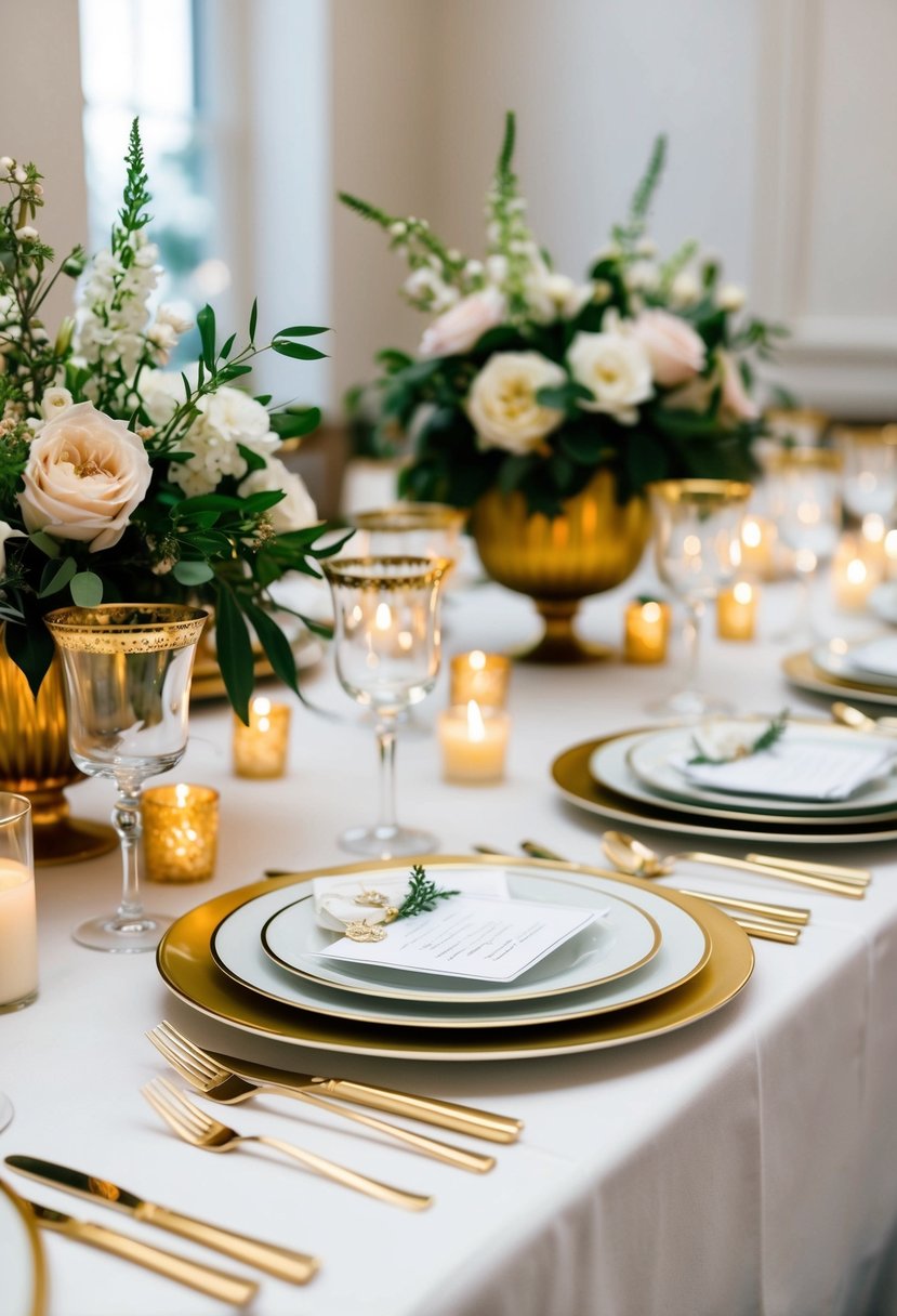 Gold-rimmed glassware arranged on a white tablecloth with elegant floral centerpieces and soft candlelight