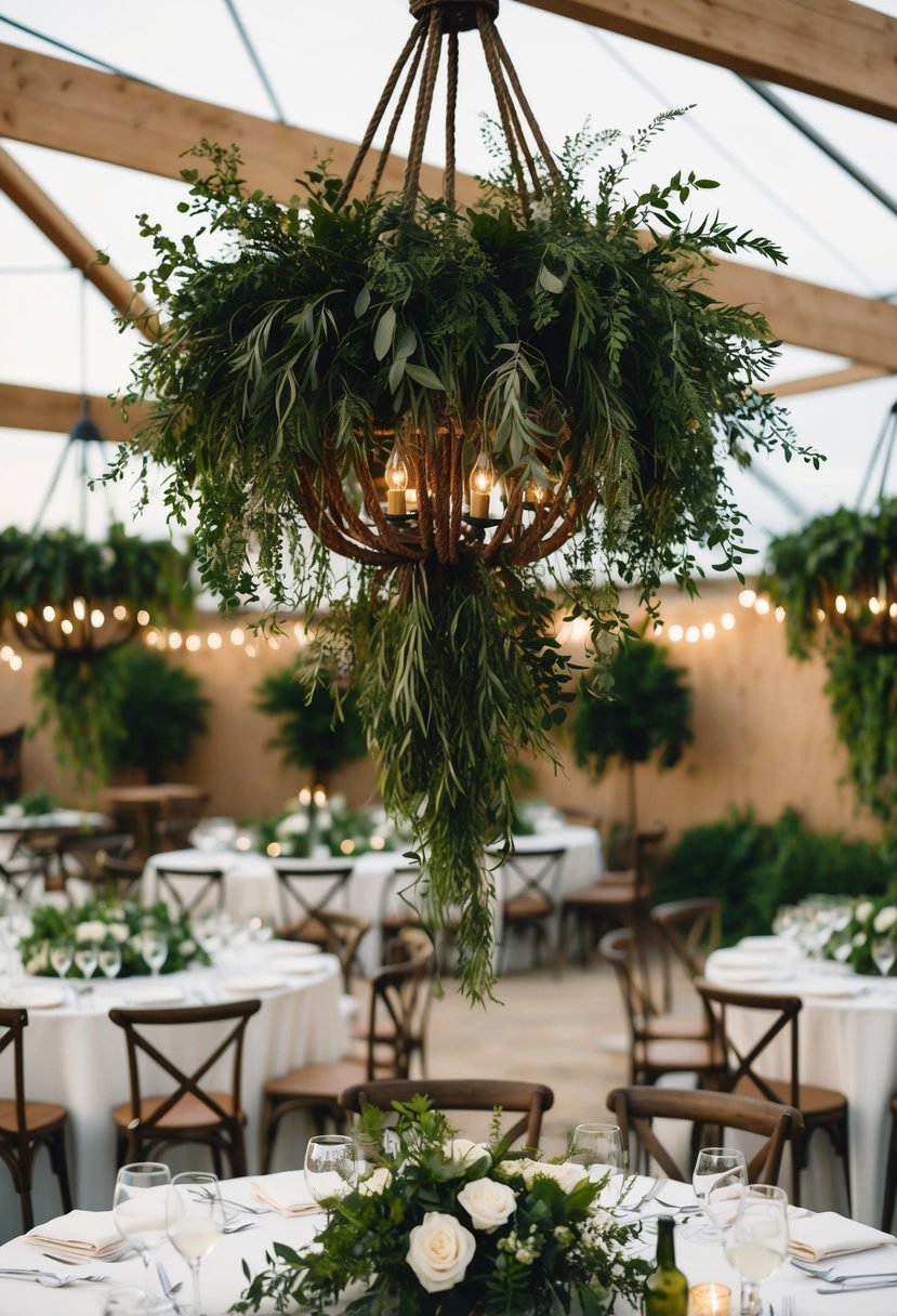 Lush greenery cascades from rustic chandeliers, adorning wedding tables in an elegant and natural aesthetic