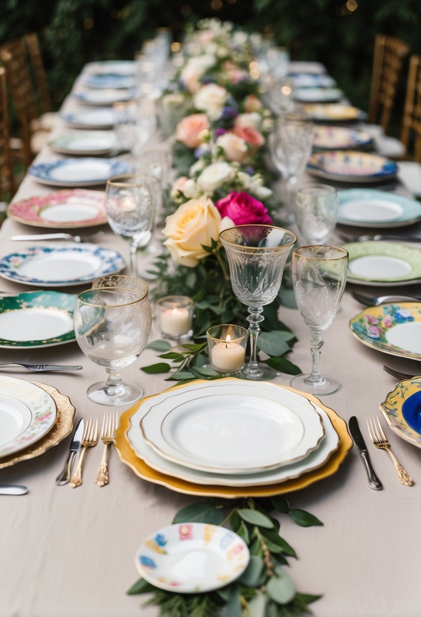 A table adorned with mismatched china plates in a variety of patterns and colors, creating a whimsical and charming aesthetic for a wedding celebration