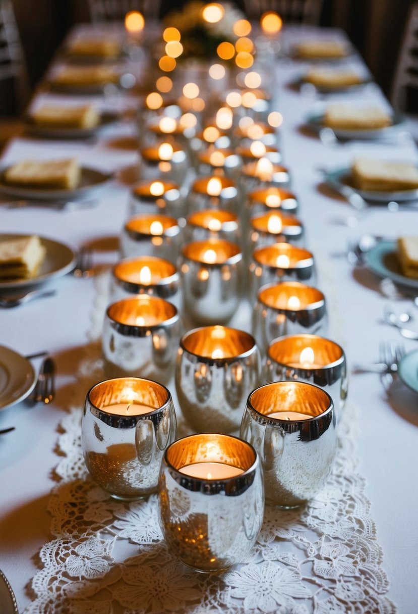 Silver mercury glass votives arranged in clusters on a white lace table runner, reflecting the warm glow of candlelight at an elegant wedding reception