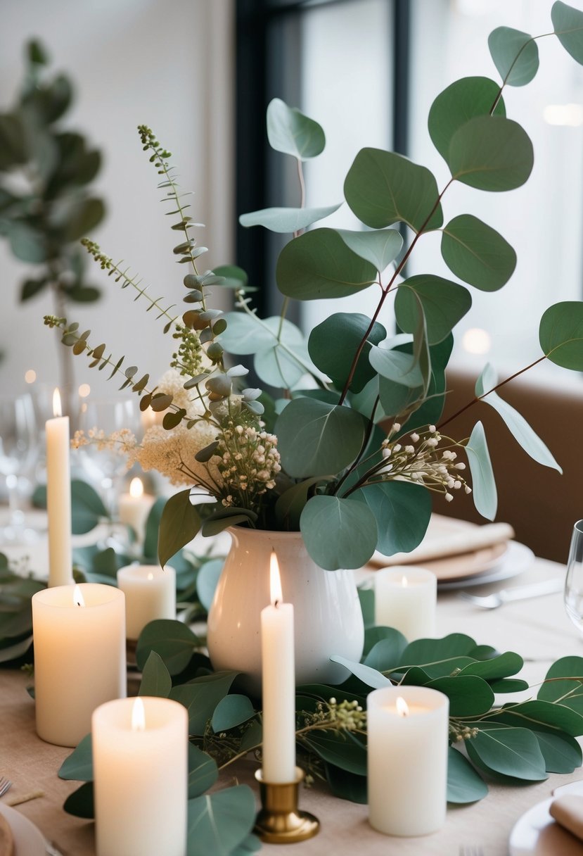 Eucalyptus leaves arranged in a loose, organic manner around a table centerpiece of candles and delicate florals