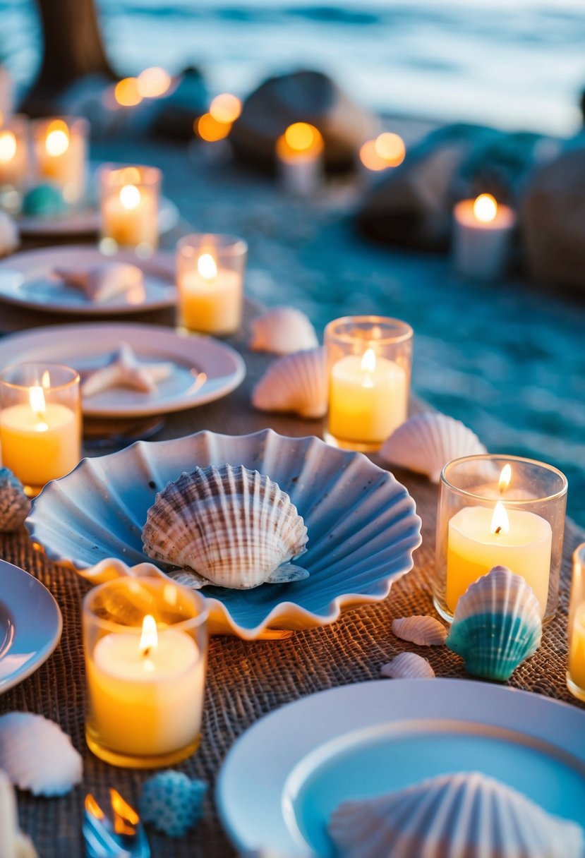 A table adorned with seashell centerpieces, surrounded by flickering candles and ocean-inspired decor