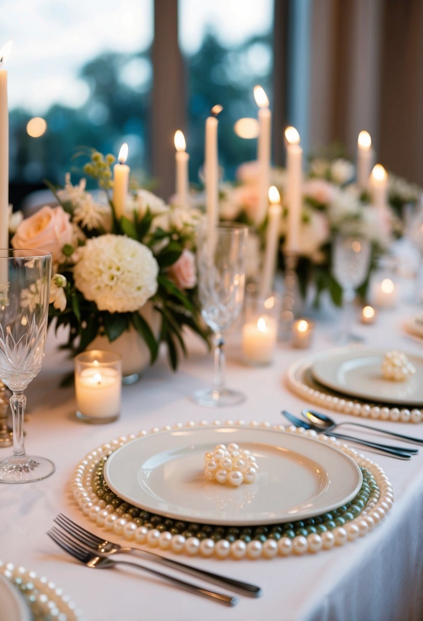 A table set with elegant pearl beaded placemats, surrounded by delicate floral centerpieces and flickering candlelight