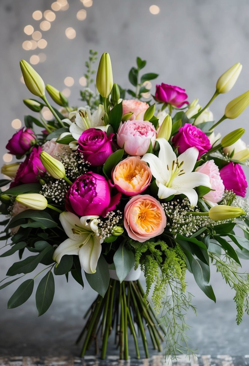 A vibrant bouquet of roses, peonies, and lilies arranged in a cascading style, accented with greenery and delicate baby's breath