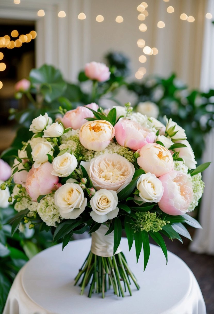 A wedding bouquet featuring a classic combination of roses and peonies, arranged in a lush and elegant display