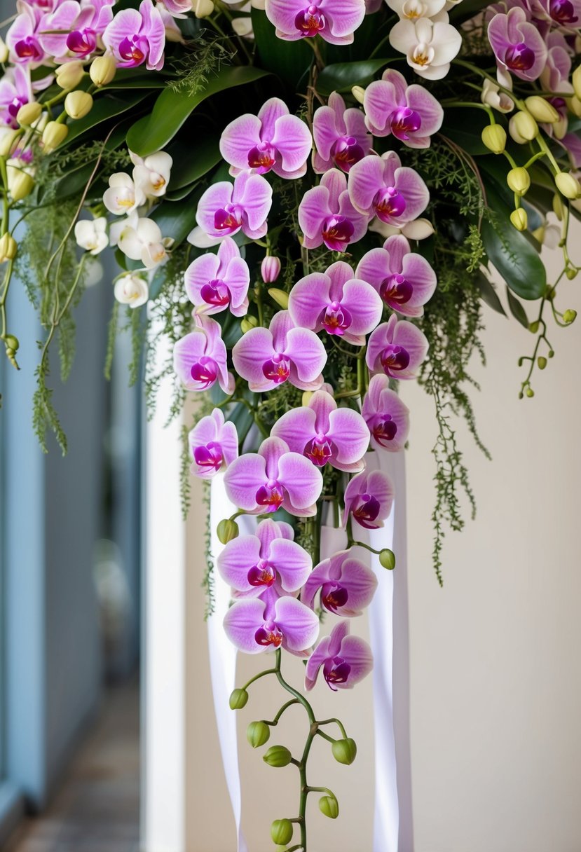 A lush, cascading bouquet of delicate orchids in shades of pink, purple, and white, accented with trailing greenery and tied with a satin ribbon