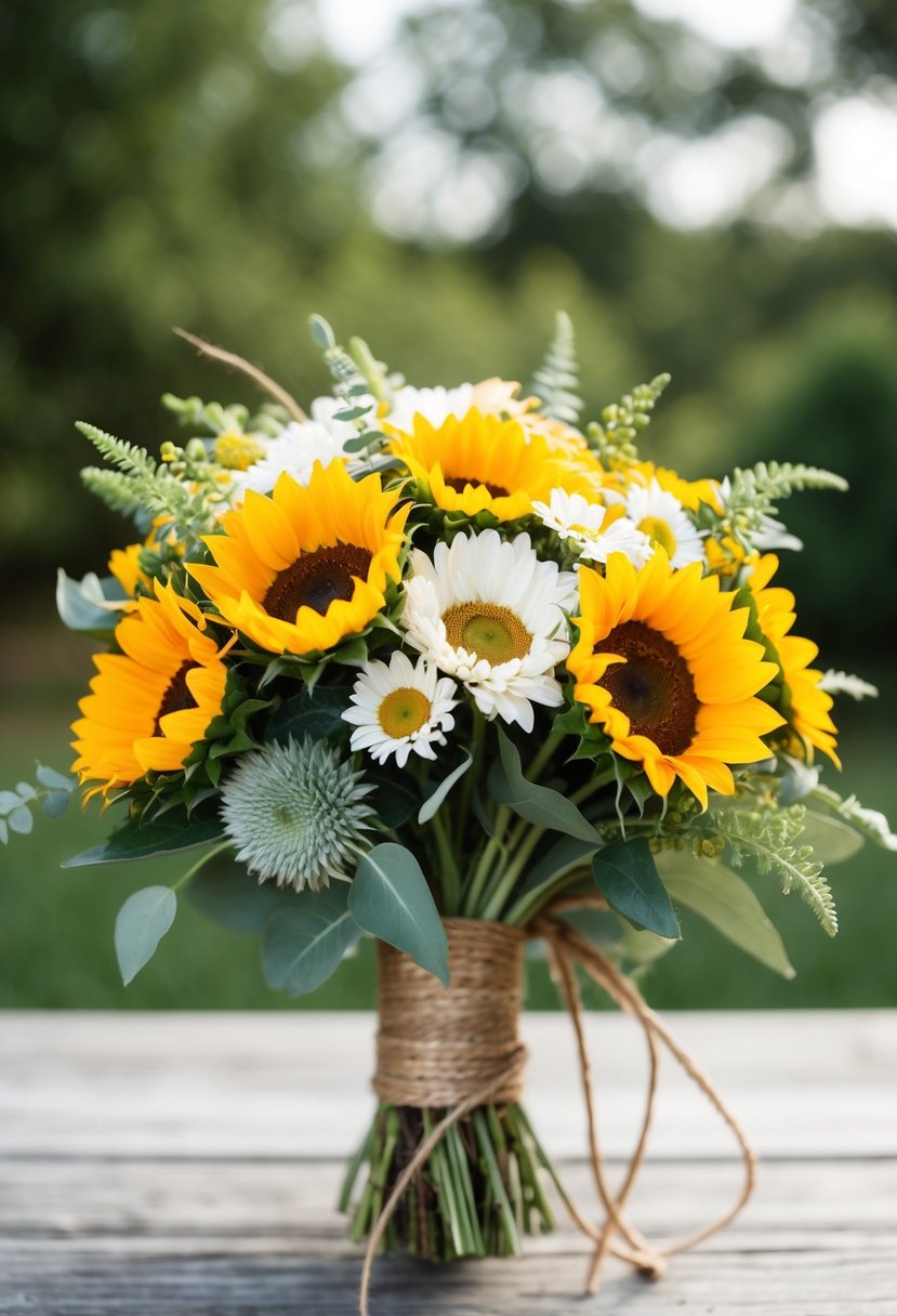 A rustic wedding bouquet featuring a mix of sunflowers and daisies, with greenery and twine accents