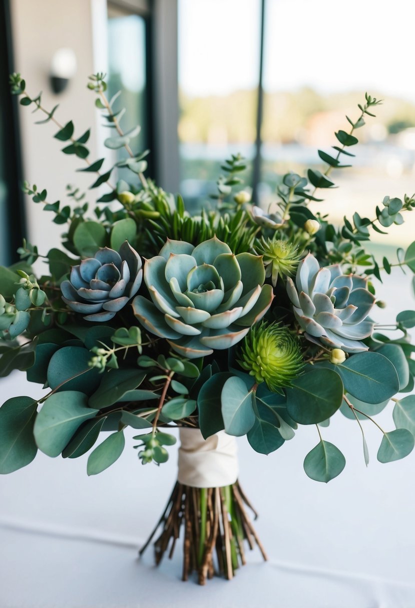 A modern wedding bouquet featuring succulents and eucalyptus arranged in a stylish and elegant manner