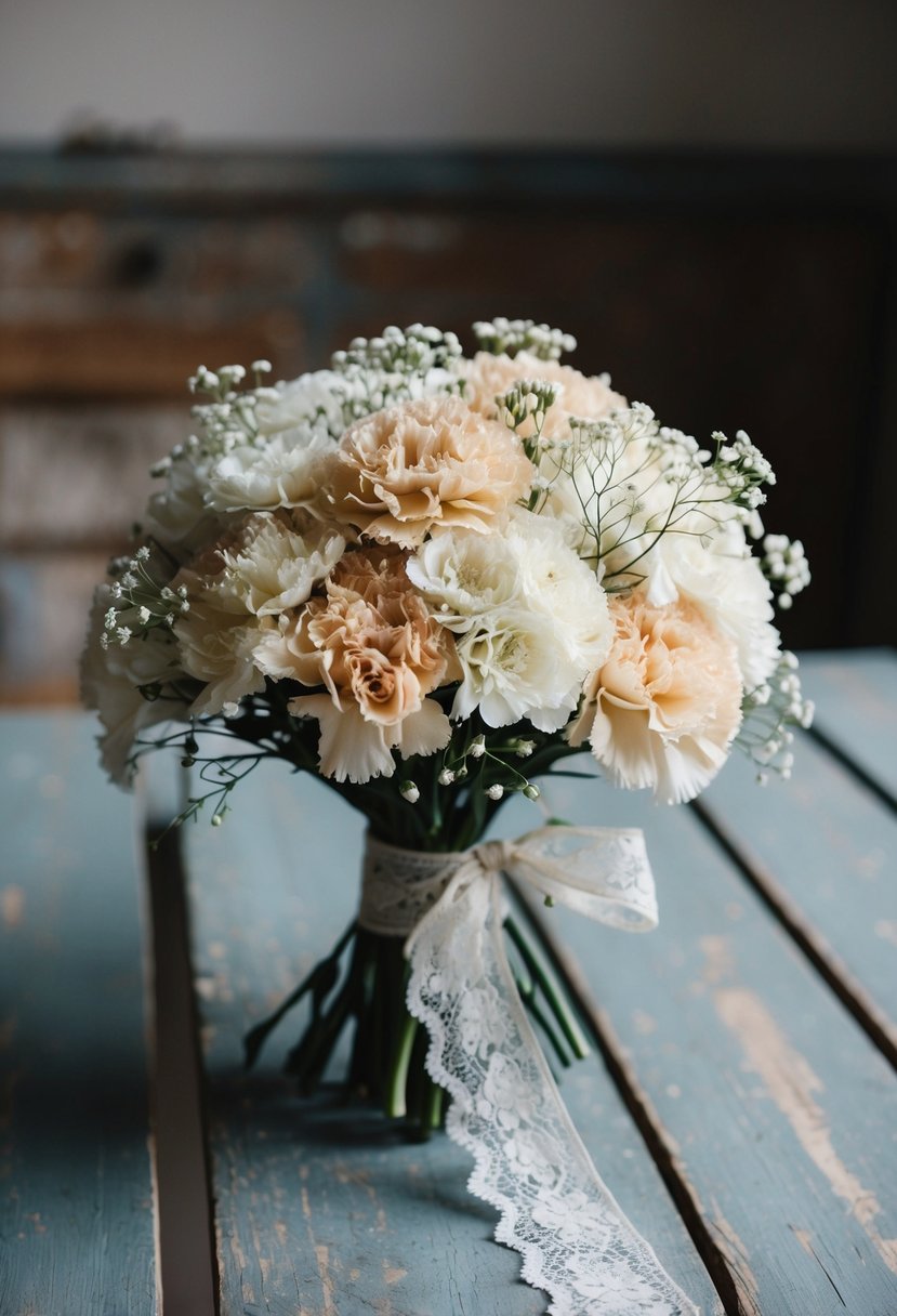 A rustic, vintage-inspired wedding bouquet with delicate carnations and baby's breath, tied with a lace ribbon, placed on a weathered wooden table