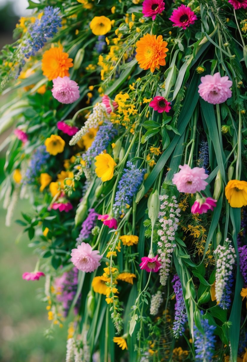 A vibrant mix of wildflowers and greenery arranged in a loose, cascading style, with pops of bright colors and delicate blooms