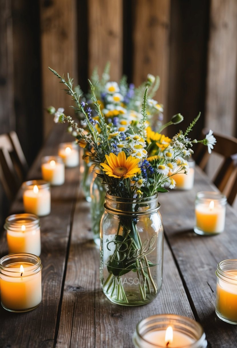 A rustic wooden table adorned with mason jar vases filled with wildflowers, surrounded by flickering tea light candles in glass holders