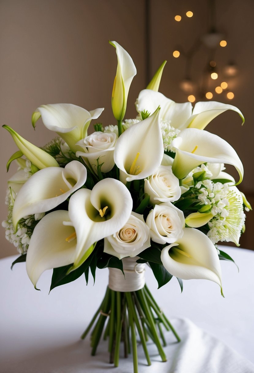 A bouquet of elegant lilies and calla lilies arranged in a delicate and romantic wedding bouquet