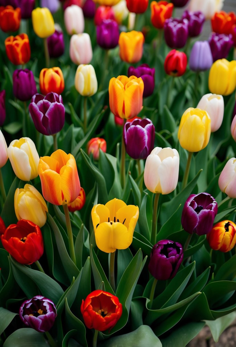 A vibrant bouquet of tulips in various colors and sizes, arranged in a lush and artistic medley