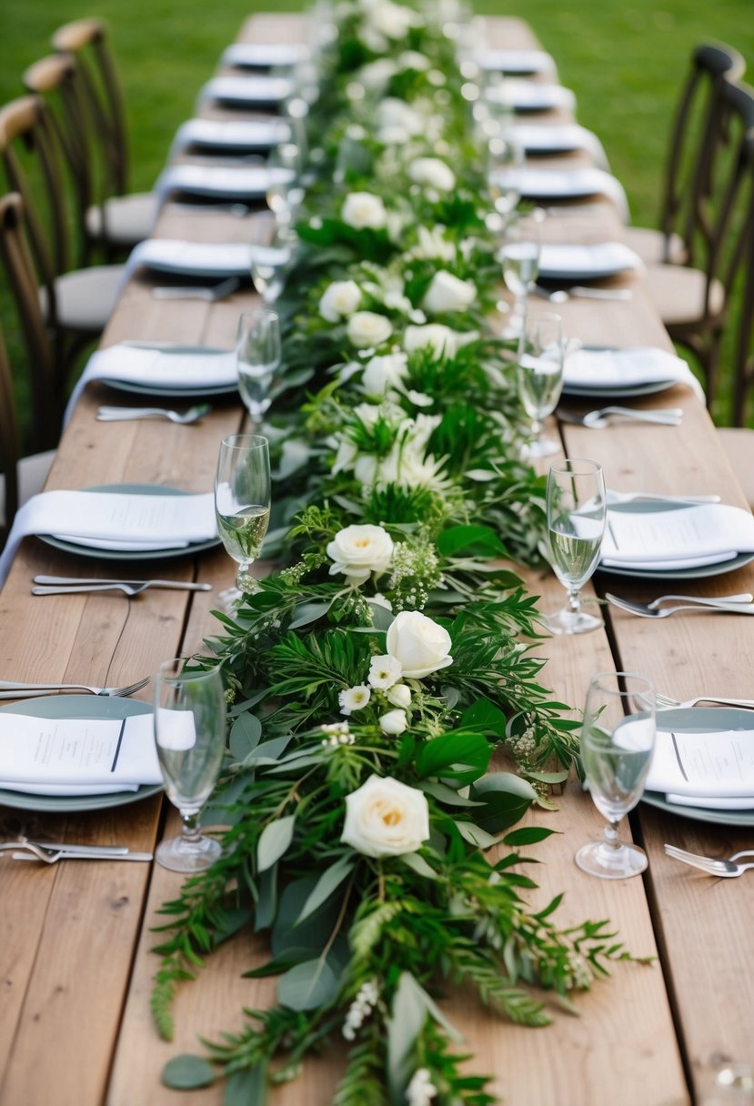 A long, lush table runner made of fresh greenery, interspersed with delicate white flowers and trailing vines, adorns a rustic wooden wedding table