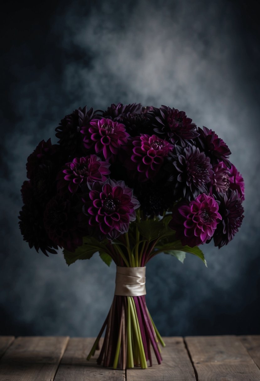 A dark dahlia bouquet stands against a dramatic, moody backdrop