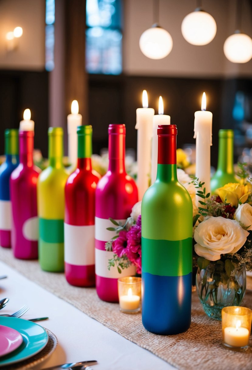 Colorful painted wine bottles arranged as table centerpieces with flowers and candles