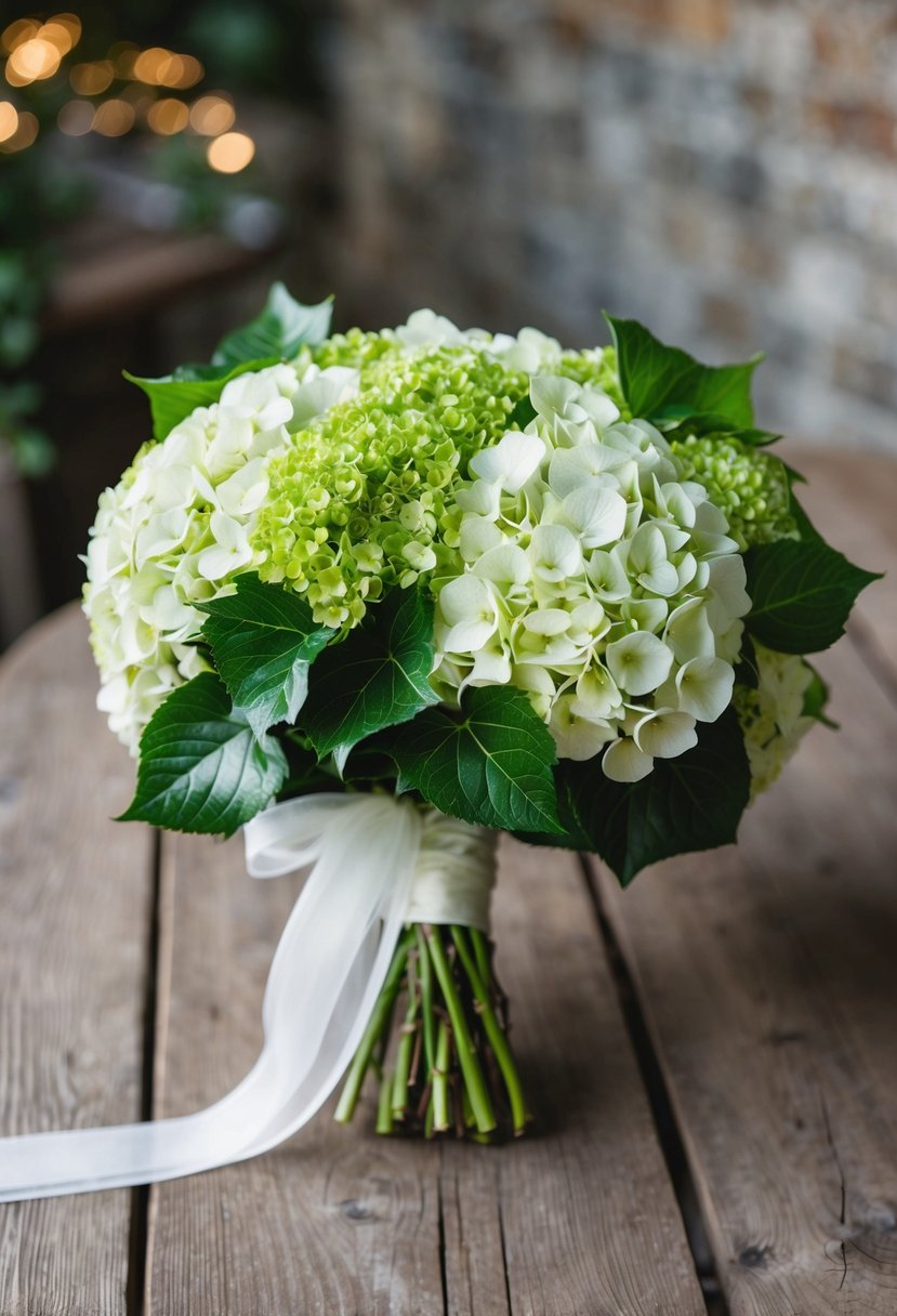 A lush wedding bouquet of hydrangeas and ivy, tied with a delicate ribbon, rests on a rustic wooden table