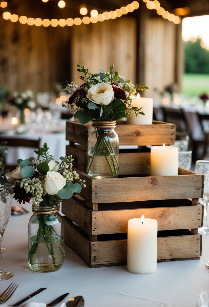 Wooden crates stacked with flowers and candles, serving as rustic table decorations for a DIY wedding