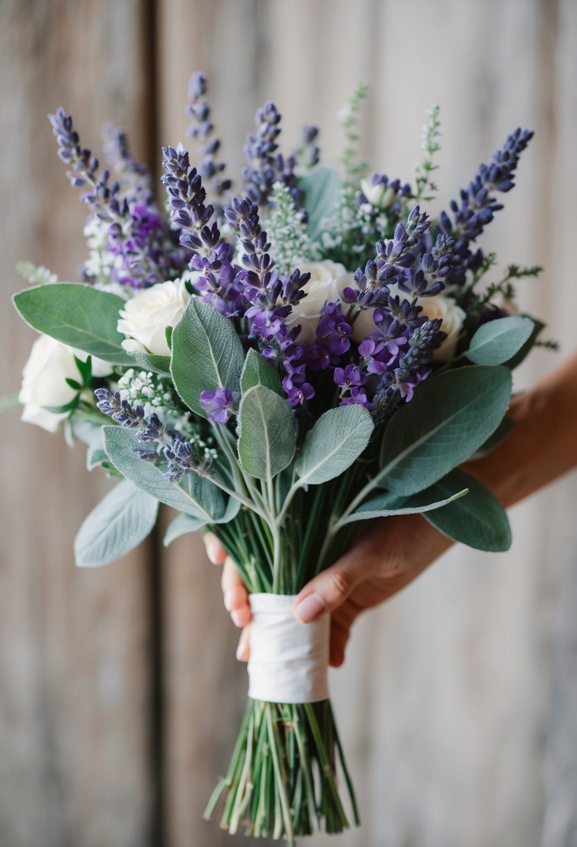 A delicate wedding bouquet of lavender and sage flowers