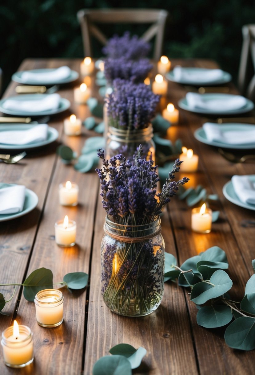 A wooden table adorned with lavender-filled mason jars, surrounded by flickering tea lights and scattered sprigs of eucalyptus