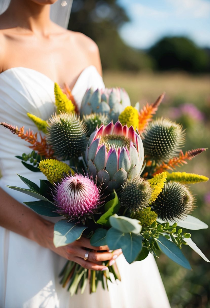 A vibrant wedding bouquet featuring Protea and Thistle flowers in a mix of colors and textures