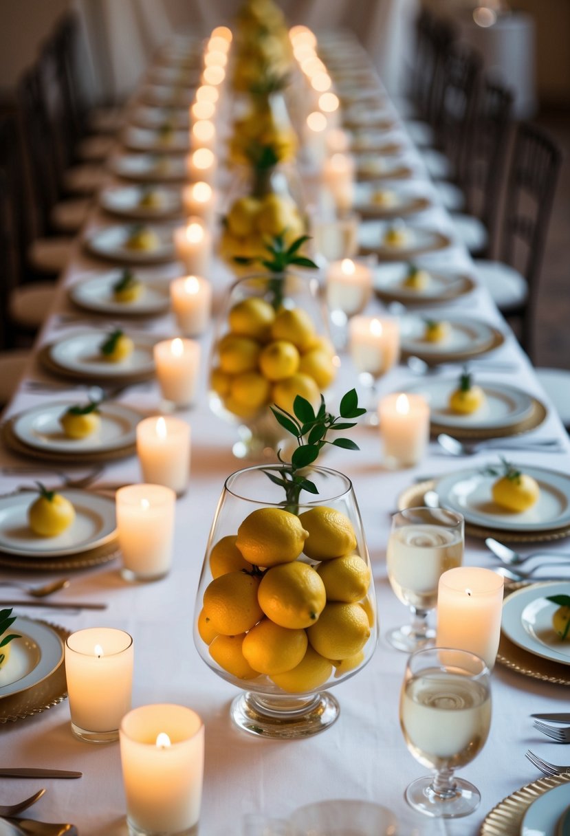 A table set with lemon-filled vases as centerpieces for a wedding, surrounded by elegant place settings and soft candlelight