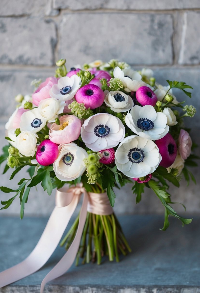 A lush bouquet of anemones and ranunculus in shades of pink and white, tied with a flowing ribbon