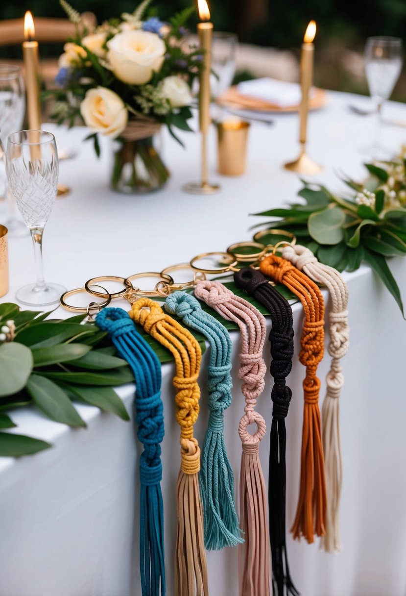 A table adorned with macrame key chains in various colors and designs, adding a touch of bohemian elegance to the wedding decor