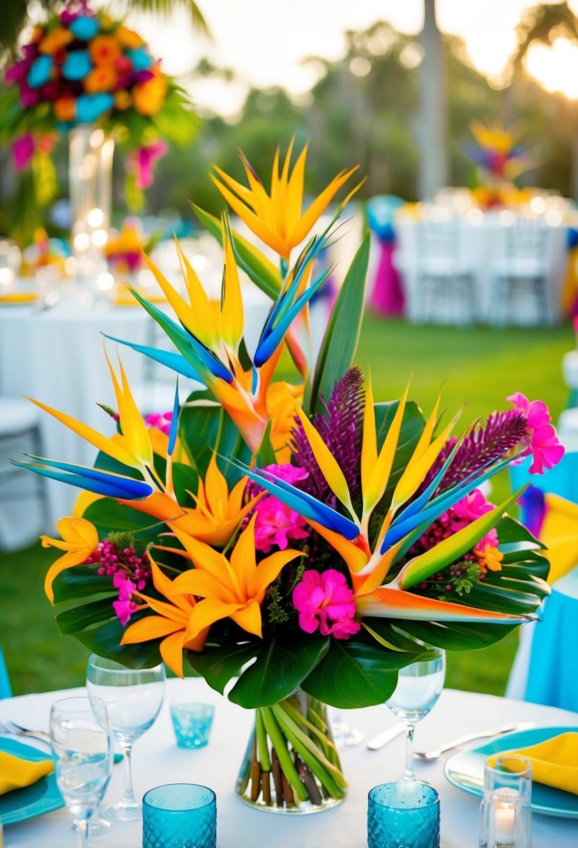 A colorful bouquet of Birds of Paradise and tropical flowers, arranged in a vibrant and lush wedding setting