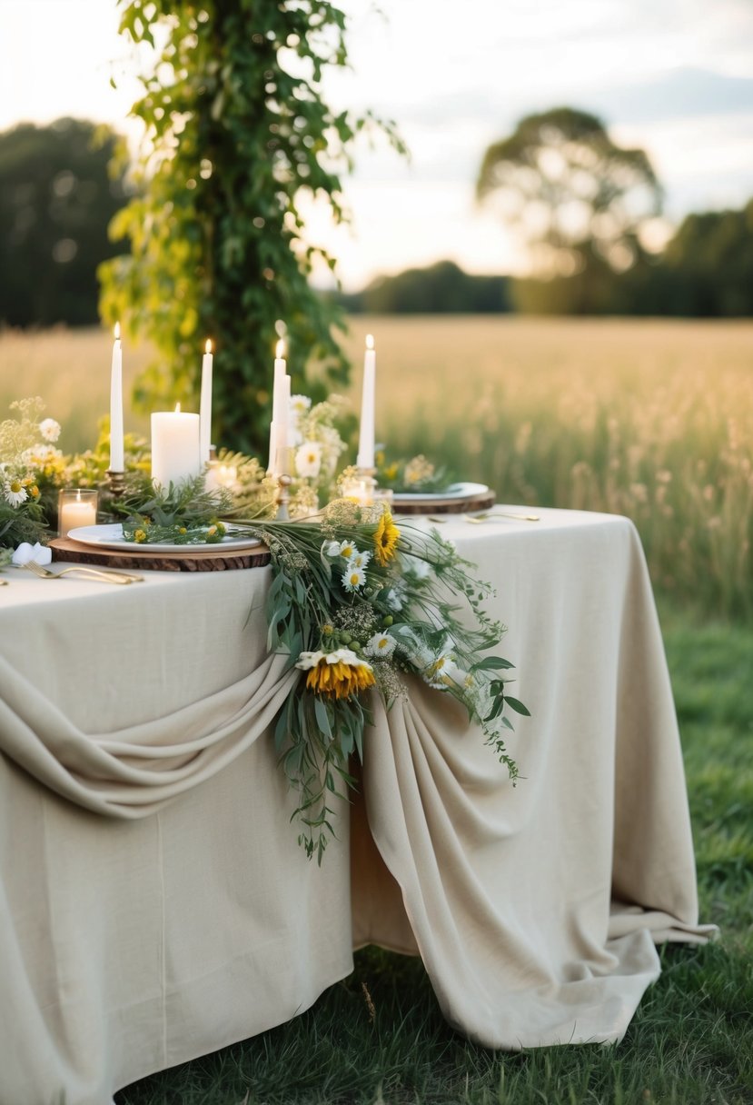 A rustic table adorned with draped cheesecloth, accented with wildflowers and candles