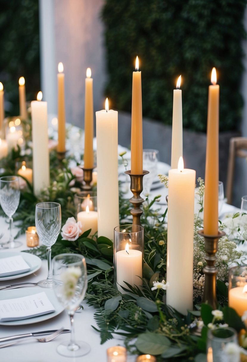 A table adorned with taper candles in various heights, nestled among greenery and delicate blooms, creating a romantic and elegant ambiance for a DIY wedding decoration