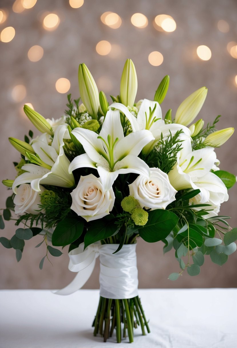 A wedding bouquet of white lilies and roses arranged in a traditional style with greenery and ribbon accents