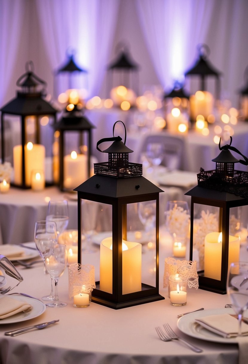 Several lanterns are arranged on a wedding table, with soft candlelight illuminating the space. The lanterns are adorned with delicate lace and ribbon, creating a romantic and enchanting atmosphere