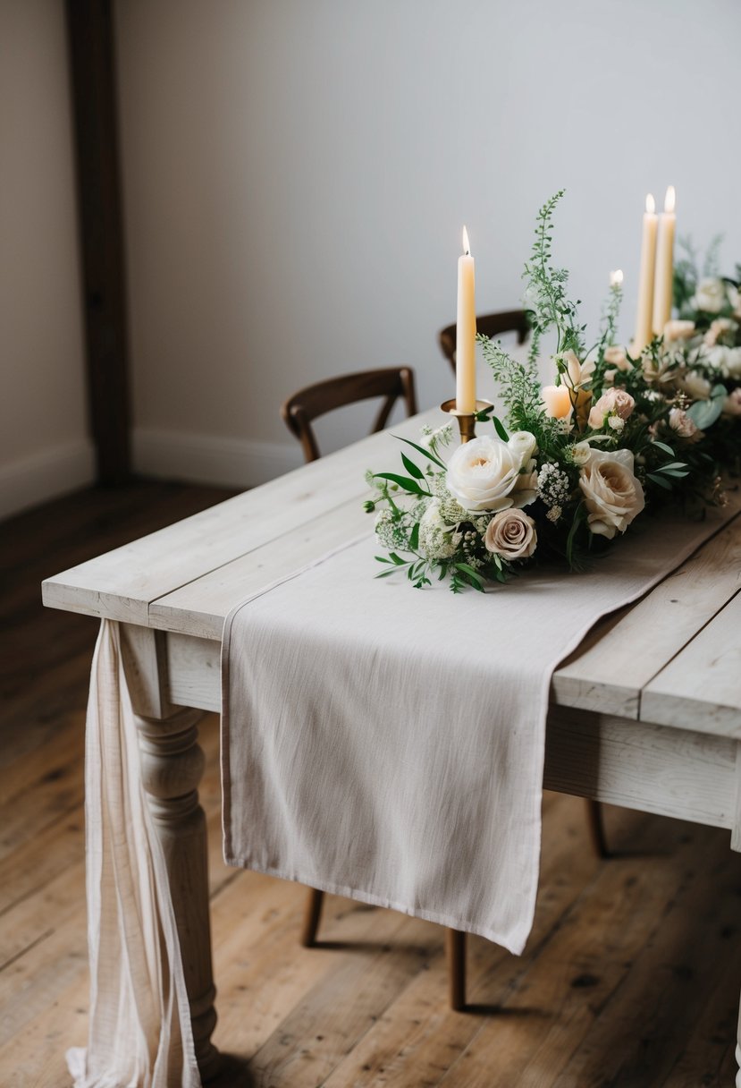 A neutral tones cheesecloth table runner drapes elegantly over a rustic wooden table, adorned with delicate floral arrangements and flickering candles