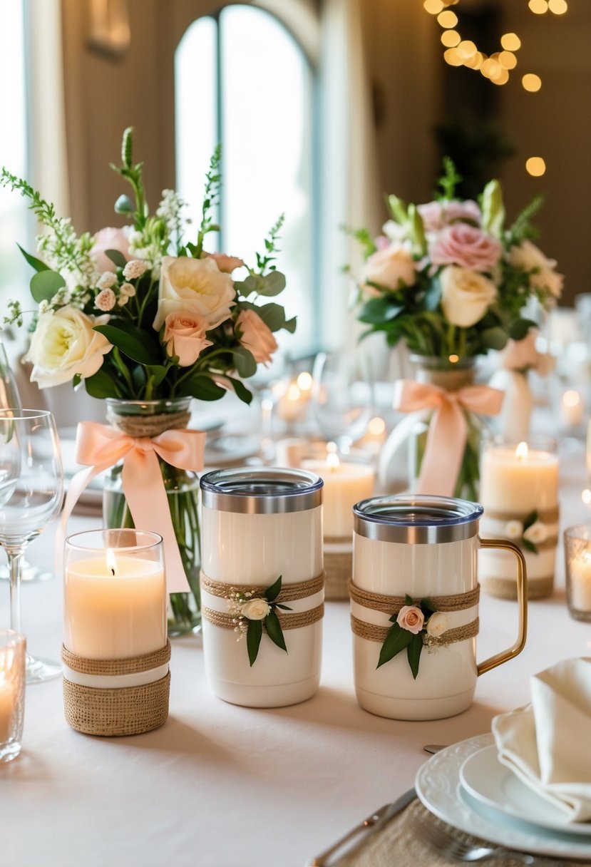 Tumblers and mugs adorned with floral arrangements and ribbons, arranged on a wedding table with soft candlelight