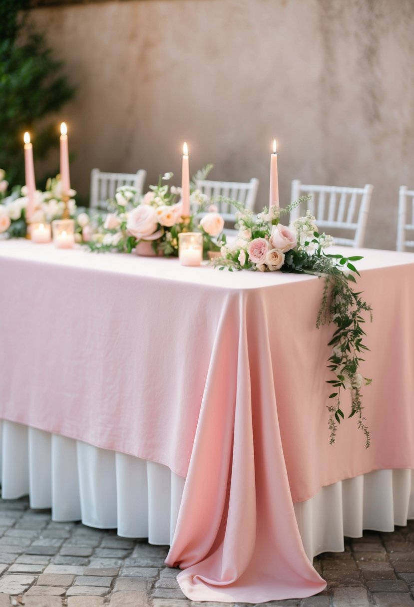 A pastel pink dyed cheesecloth draped over a wedding table, adorned with delicate floral arrangements and softly glowing candles