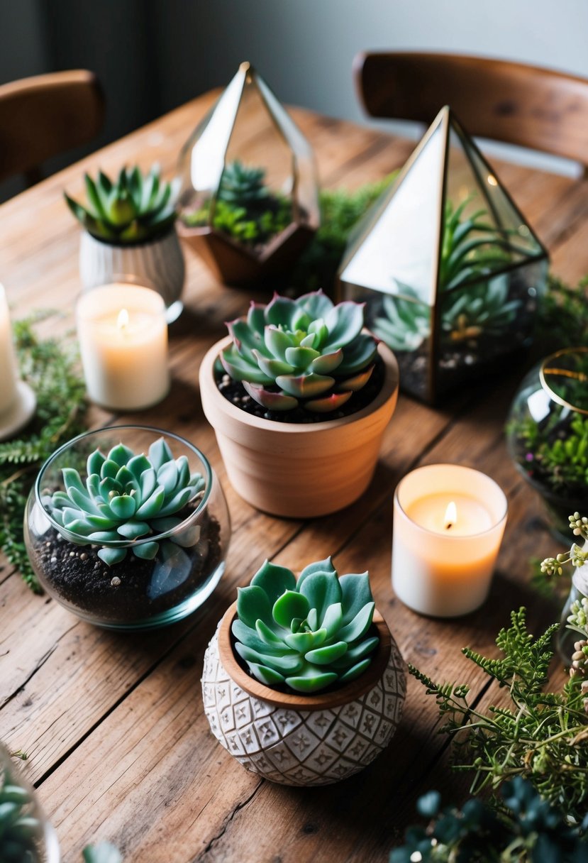 A rustic wooden table adorned with various succulents in decorative pots and glass terrariums, accented with candles and delicate greenery