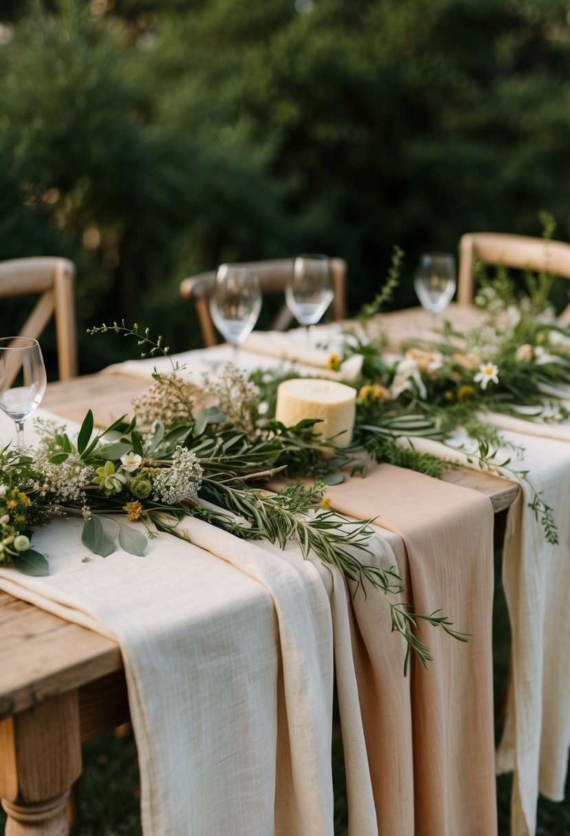 A rustic wooden table adorned with layered cheesecloth in soft, earthy tones, intertwined with delicate greenery and sprigs of wildflowers