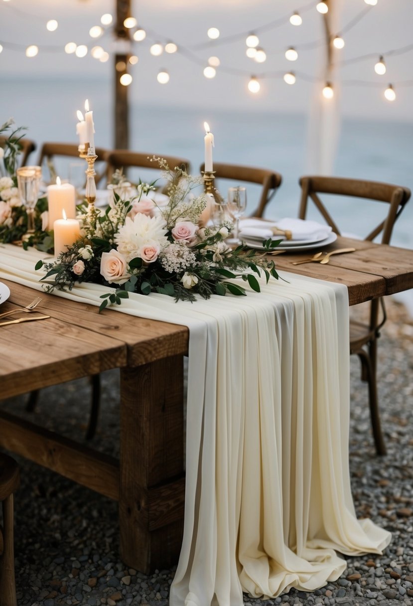 A rustic wooden table adorned with flowing cheesecloth draping, accented with delicate floral arrangements and flickering candlelight