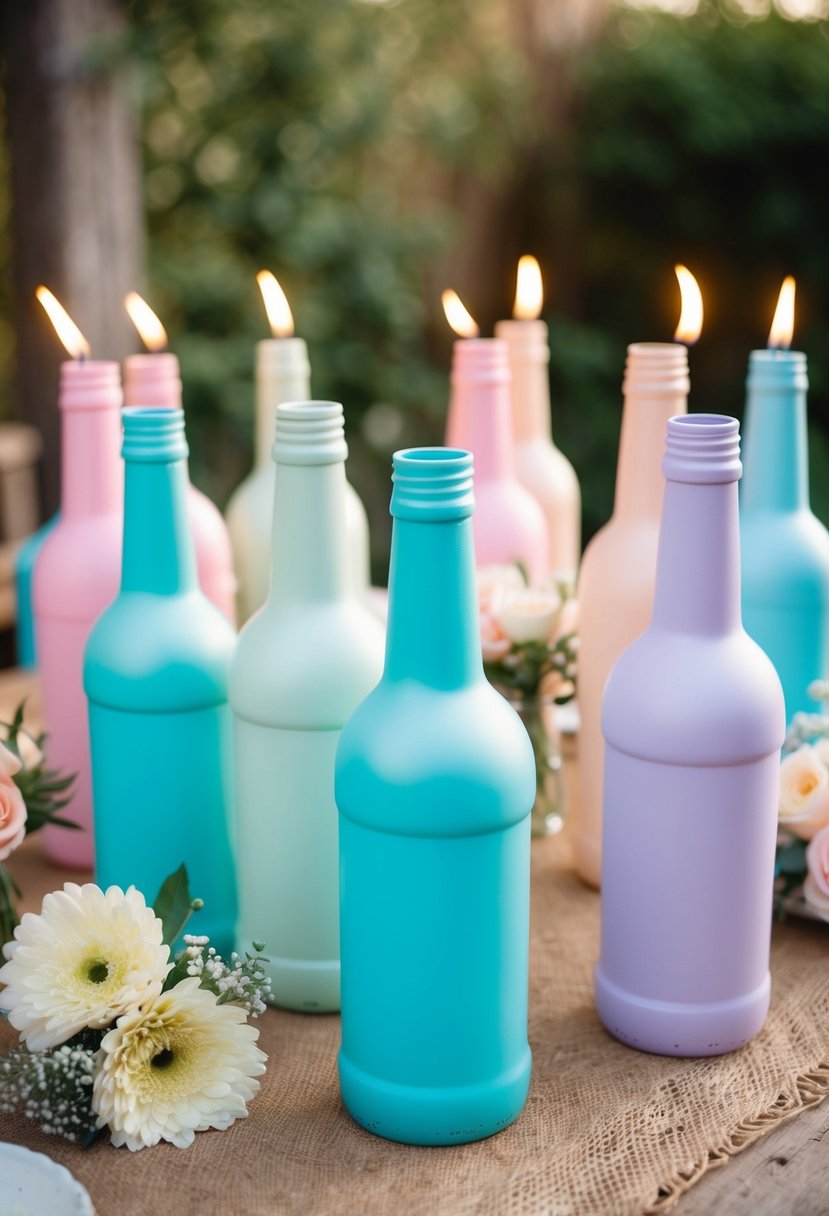 Empty bottles sprayed with pastel colors arranged on a rustic table with flowers and candles for a DIY wedding decoration