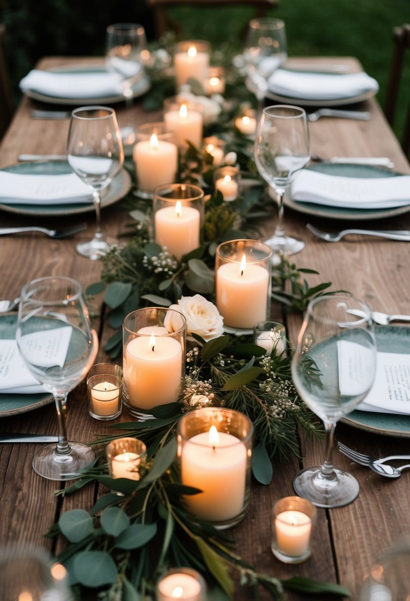 A rustic wooden table adorned with votive candles in glass holders, surrounded by delicate floral arrangements and greenery for a romantic wedding setting