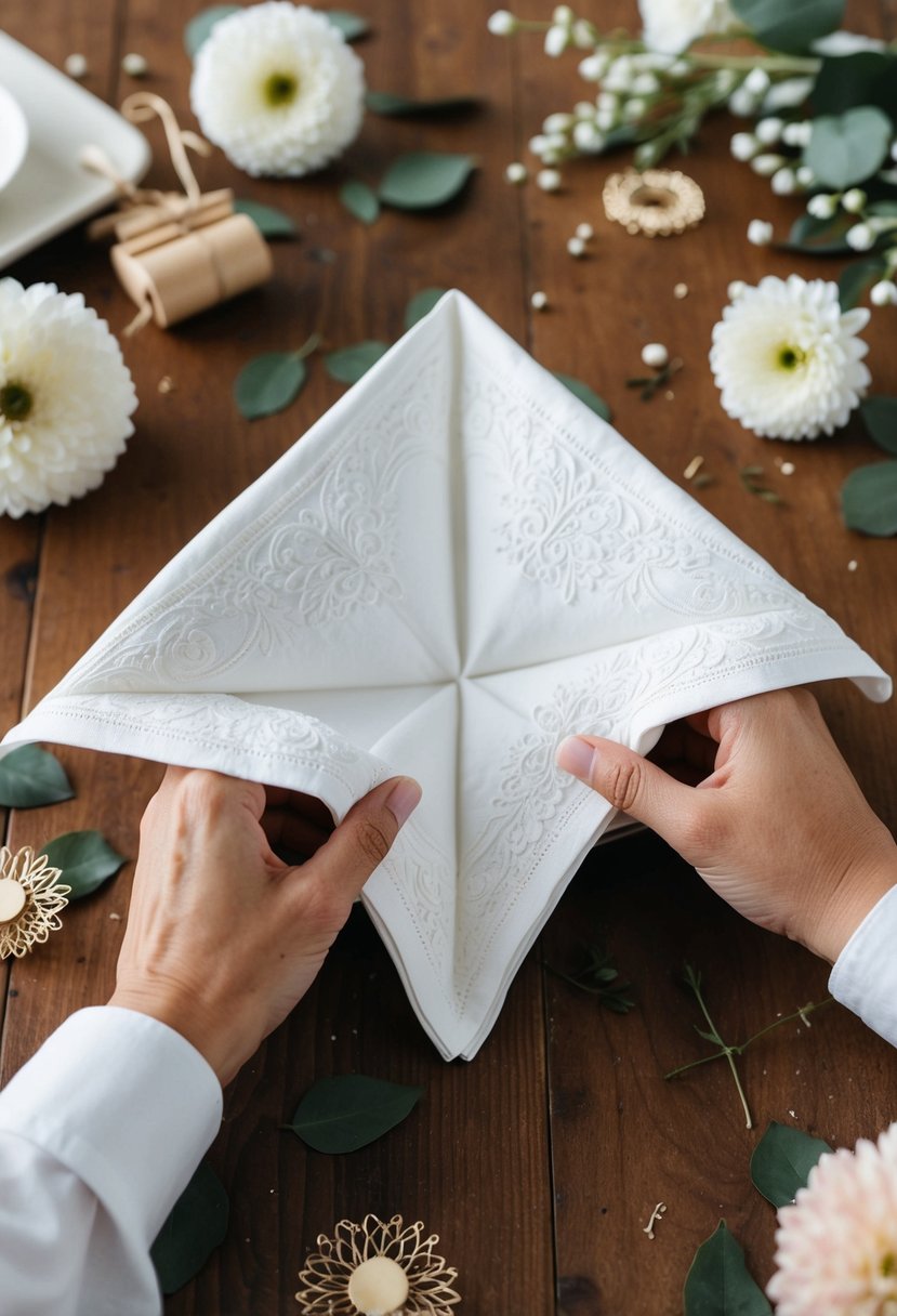 A white napkin being folded into intricate designs on a wooden table, surrounded by scattered craft supplies and floral decorations