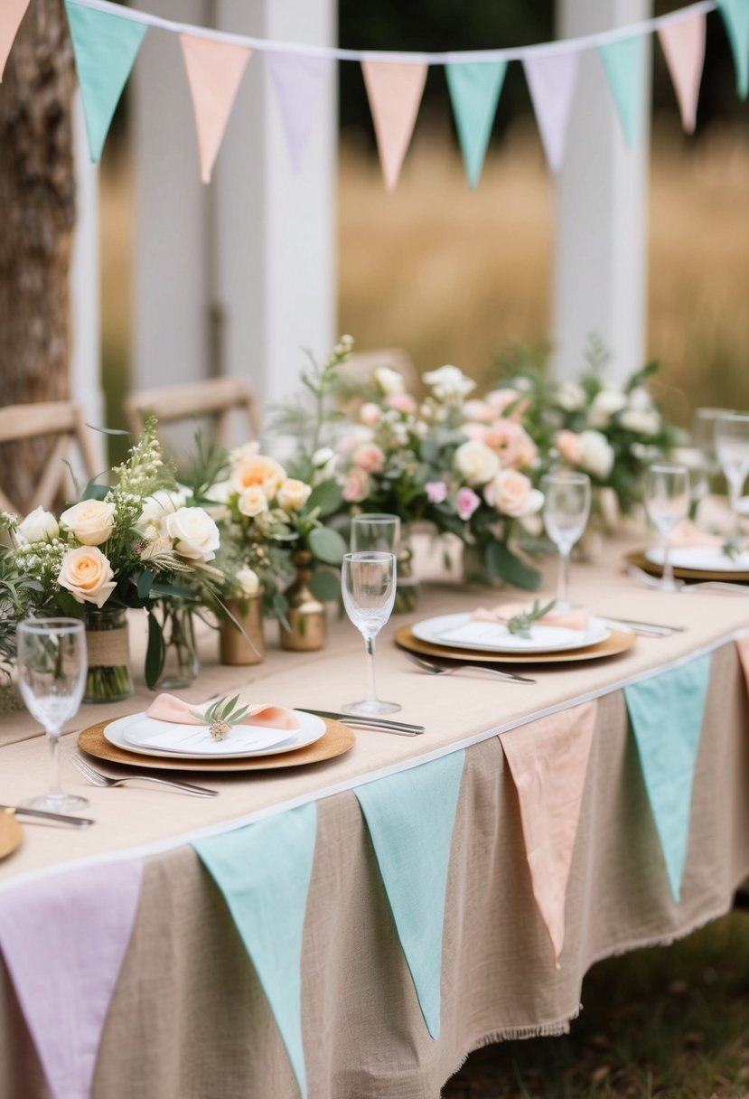 A rustic wedding table adorned with boho chic cheesecloth bunting in soft pastel colors