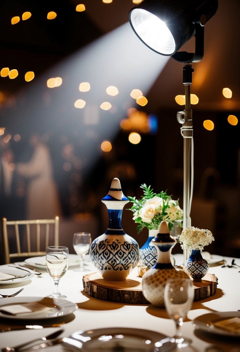 A spotlight shines on a table adorned with unique ceramic wedding decorations