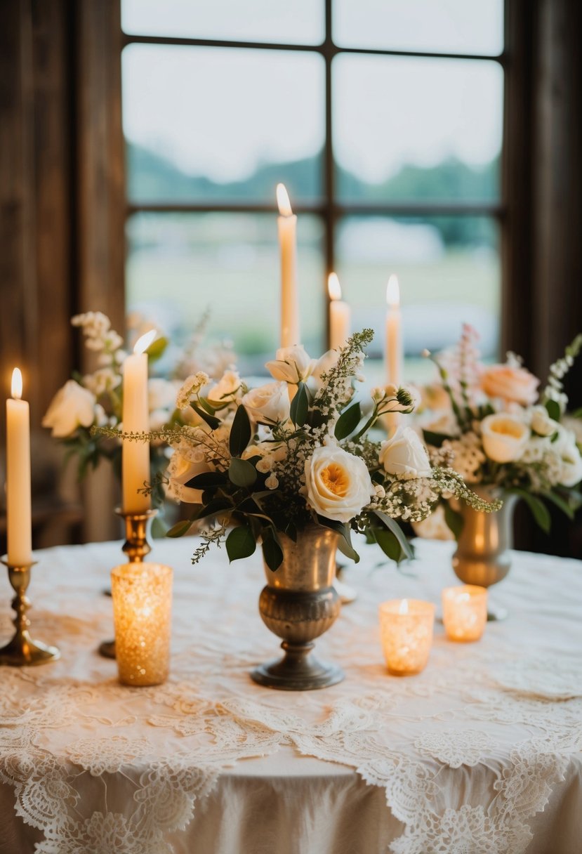 A table adorned with vintage lace and cheesecloth, holding delicate floral arrangements and flickering candles