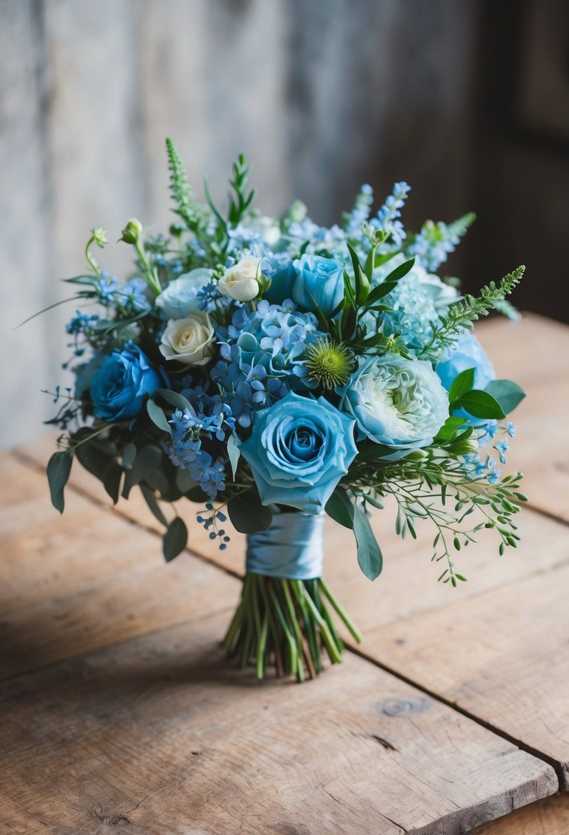 A light blue wedding bouquet sits on a rustic wooden table. Delicate blue flowers and greenery are arranged in a loose, romantic style